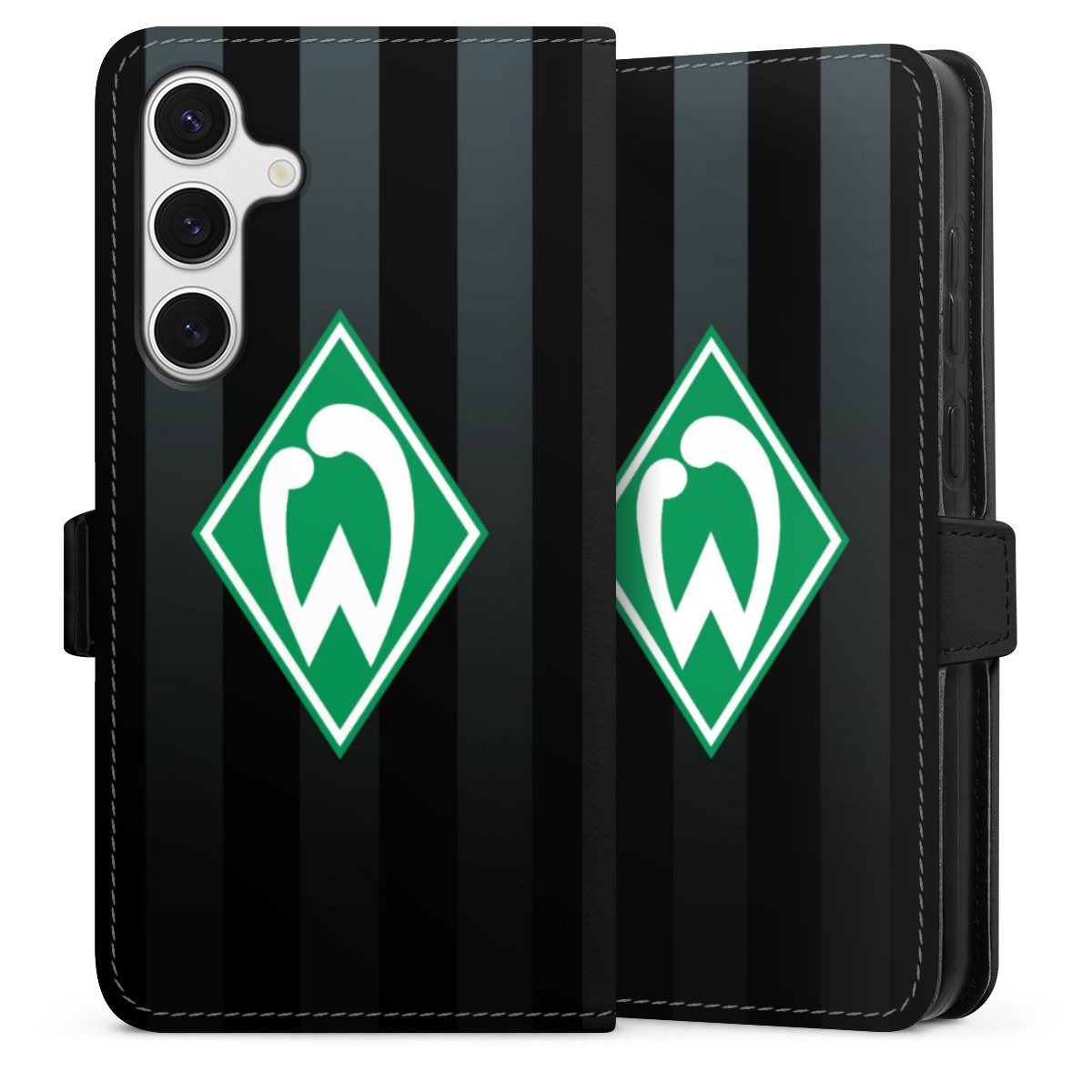 Galaxy S24+ Handy Klapphülle Handyhülle aus Kunst Leder schwarz Flip Case Stripes Sv Werder Bremen Official Licensed Product Sideflip mit Lasche