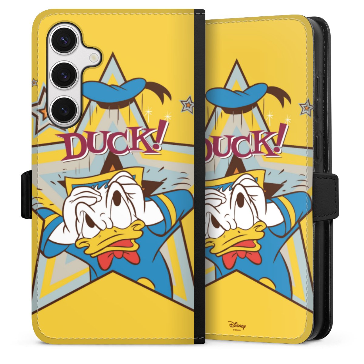 Galaxy S24+ Handy Klapphülle Handyhülle aus Kunst Leder schwarz Flip Case Official Licensed Product Donald Duck Disney Sideflip mit Lasche