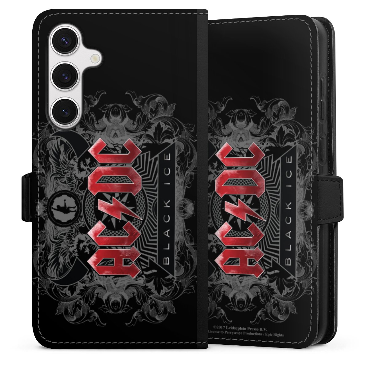 Galaxy S24+ Handy Klapphülle Handyhülle aus Kunst Leder schwarz Flip Case Merchandise Black Ice Acdc Sideflip mit Lasche