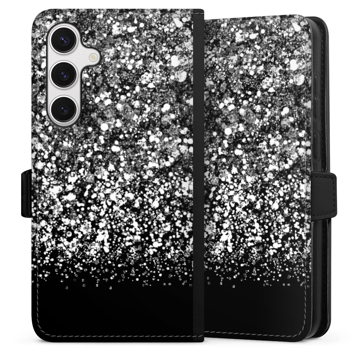 Galaxy S24+ Handy Klapphülle Handyhülle aus Kunst Leder schwarz Flip Case Glitzer Snowflake Muster Sideflip mit Lasche