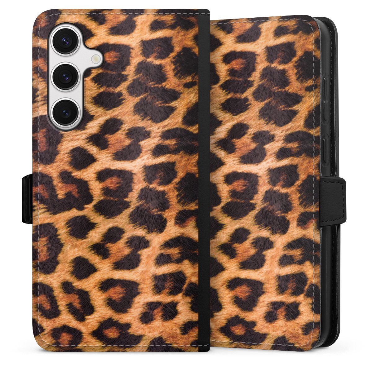 Galaxy S24+ Handy Klapphülle Handyhülle aus Kunst Leder schwarz Flip Case Animal Print Leopard Fur Sideflip mit Lasche