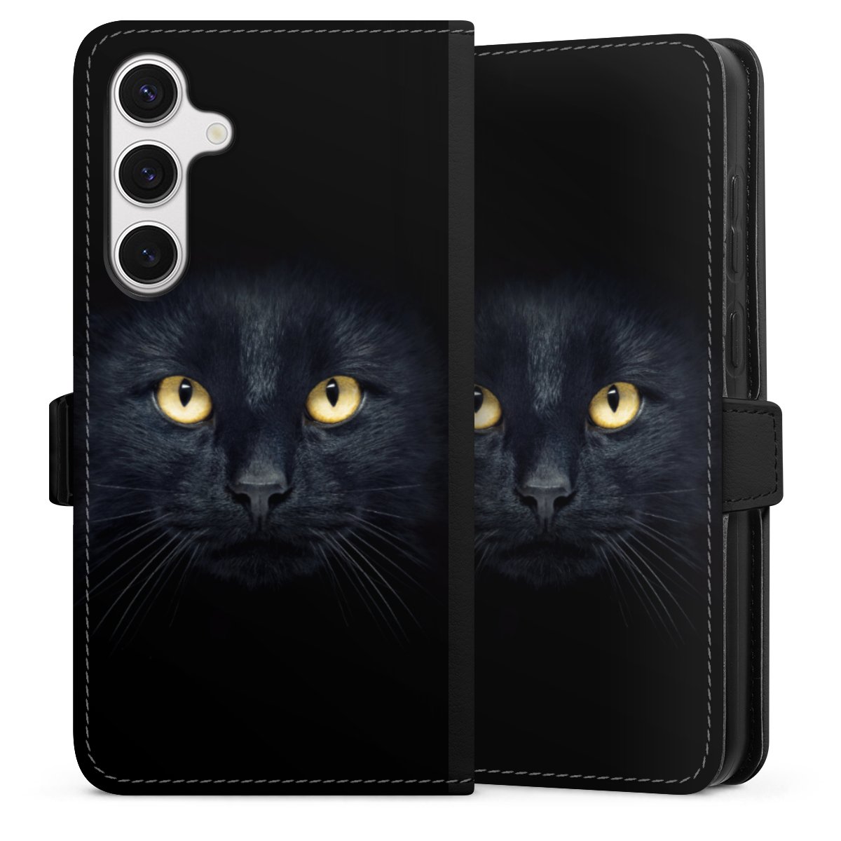 Galaxy S24+ Handy Klapphülle Handyhülle aus Kunst Leder schwarz Flip Case Eye Cat Black Sideflip mit Lasche