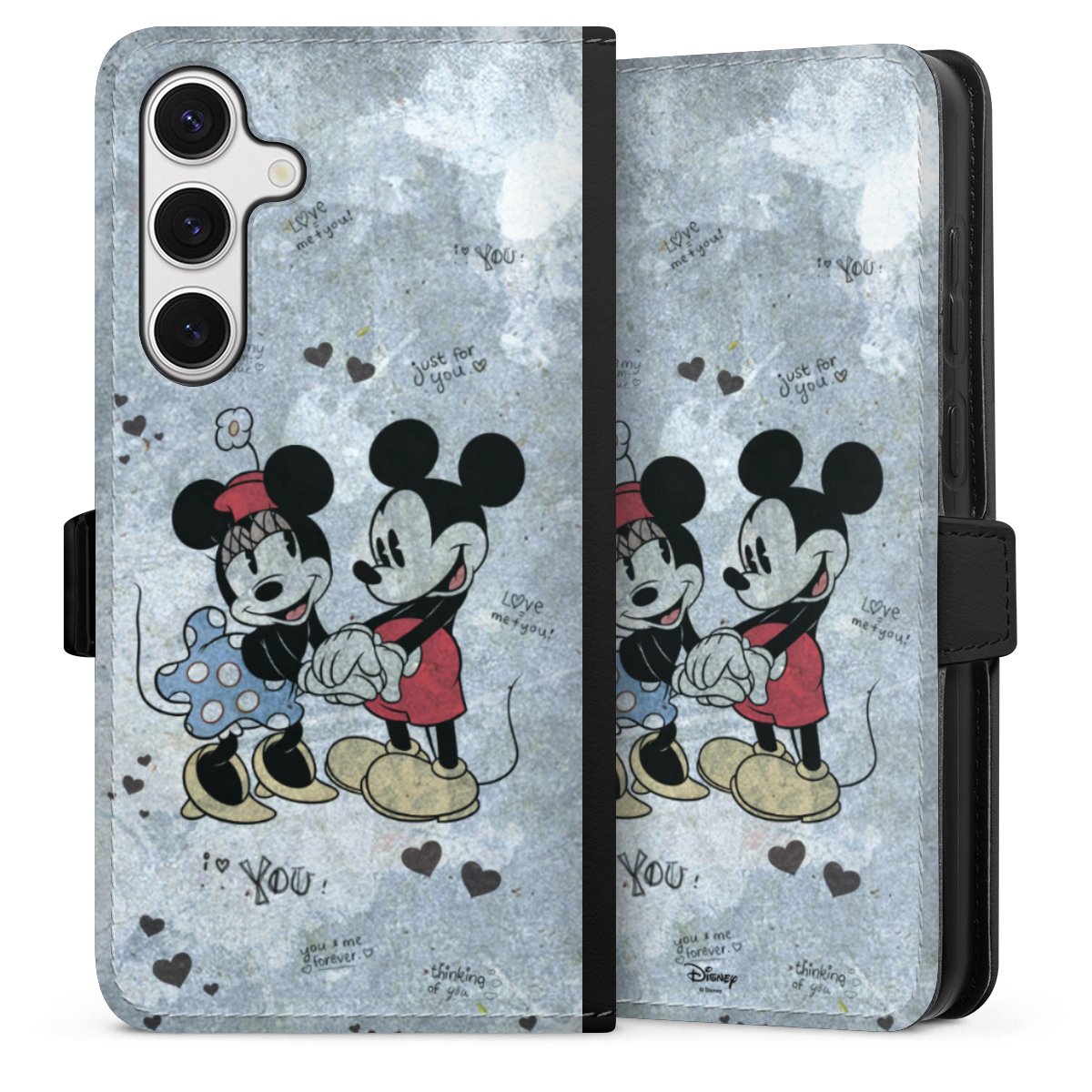 Galaxy S24+ Handy Klapphülle Handyhülle aus Kunst Leder schwarz Flip Case Mickey & Minnie Mouse Vintage Disney Sideflip mit Lasche