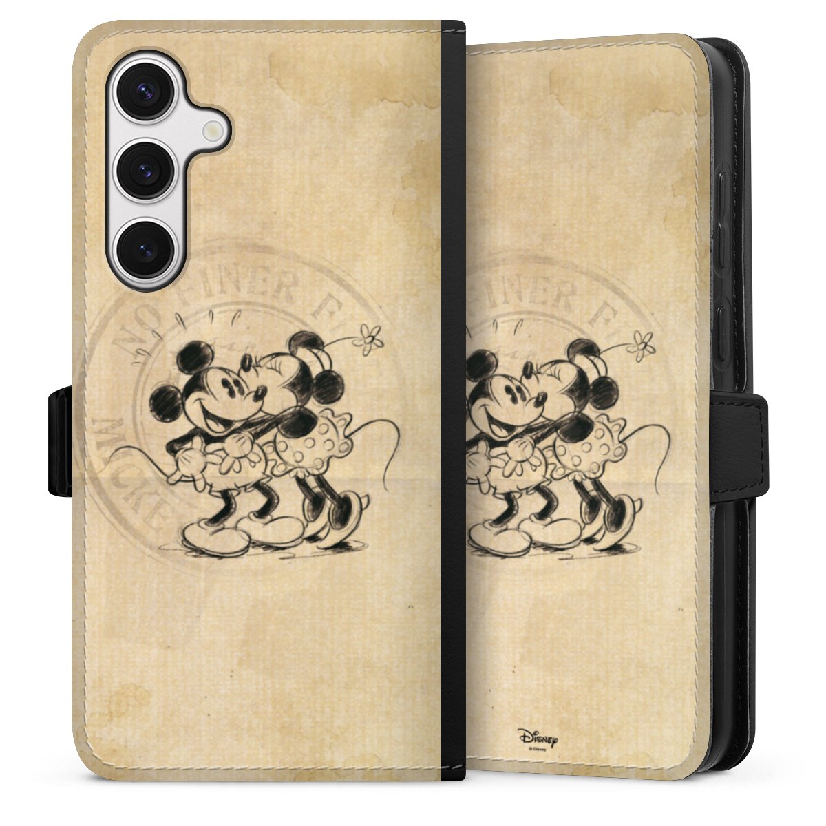 Galaxy S24+ Handy Klapphülle Handyhülle aus Kunst Leder schwarz Flip Case Mickey Mouse Vintage Minnie Mouse Sideflip mit Lasche