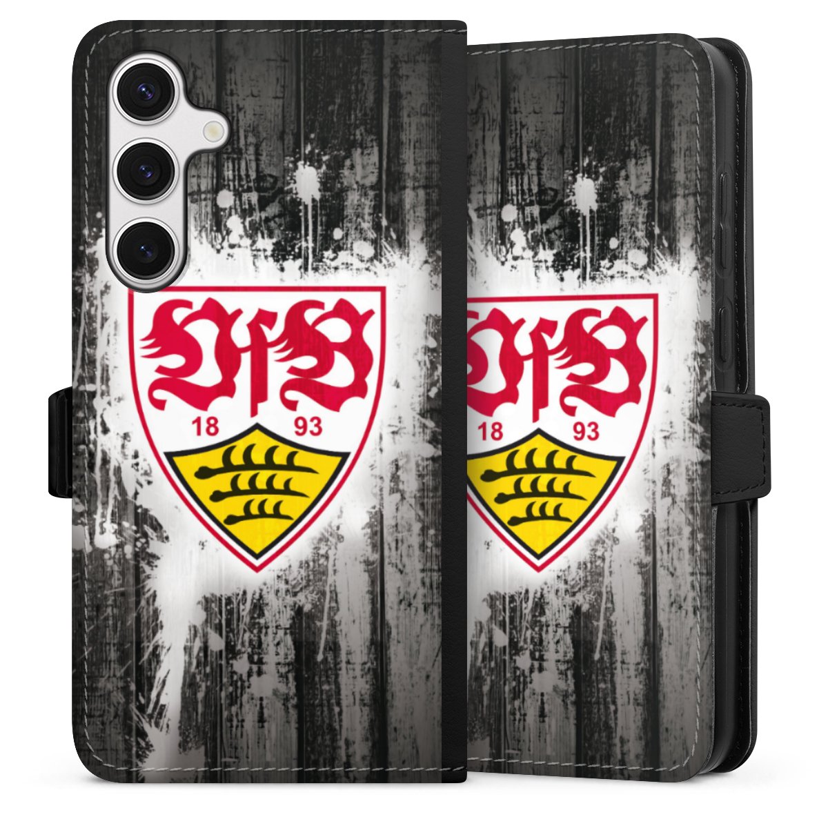 Galaxy S24+ Handy Klapphülle Handyhülle aus Kunst Leder schwarz Flip Case Vfb Stuttgart Official Licensed Product Sideflip mit Lasche