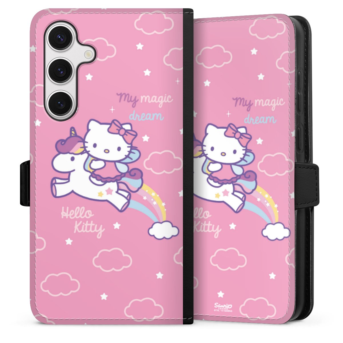 Galaxy S24+ Handy Klapphülle Handyhülle aus Kunst Leder schwarz Flip Case Einhorn Official Licensed Product Hello Kitty Sideflip mit Lasche