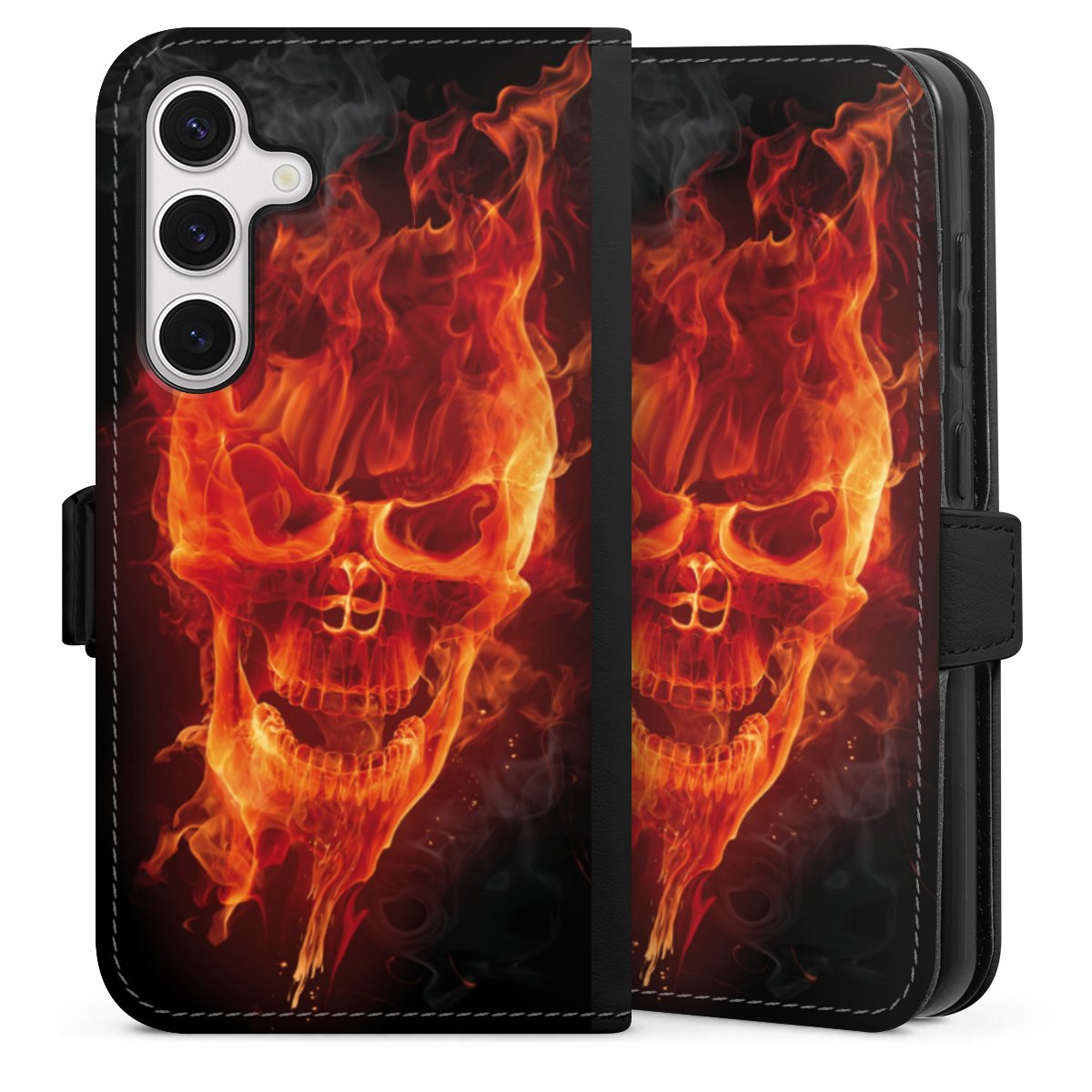 Galaxy S24 Handy Klapphülle Handyhülle aus Kunst Leder schwarz Flip Case Totenkopf Skull Fire Sideflip mit Lasche