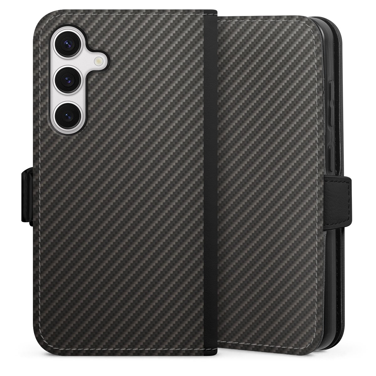 Galaxy S24 Handy Klapphülle Handyhülle aus Kunst Leder schwarz Flip Case Metallic Look Carbon Muster Sideflip mit Lasche