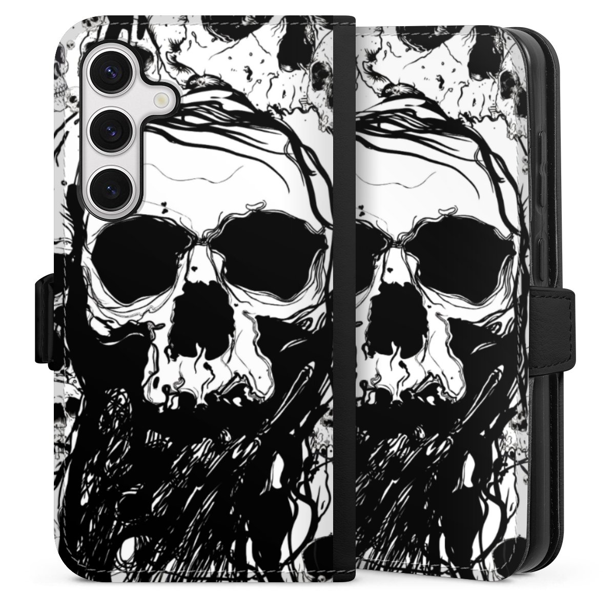 Galaxy S24 Handy Klapphülle Handyhülle aus Kunst Leder schwarz Flip Case Totenkopf Halloween Sideflip mit Lasche