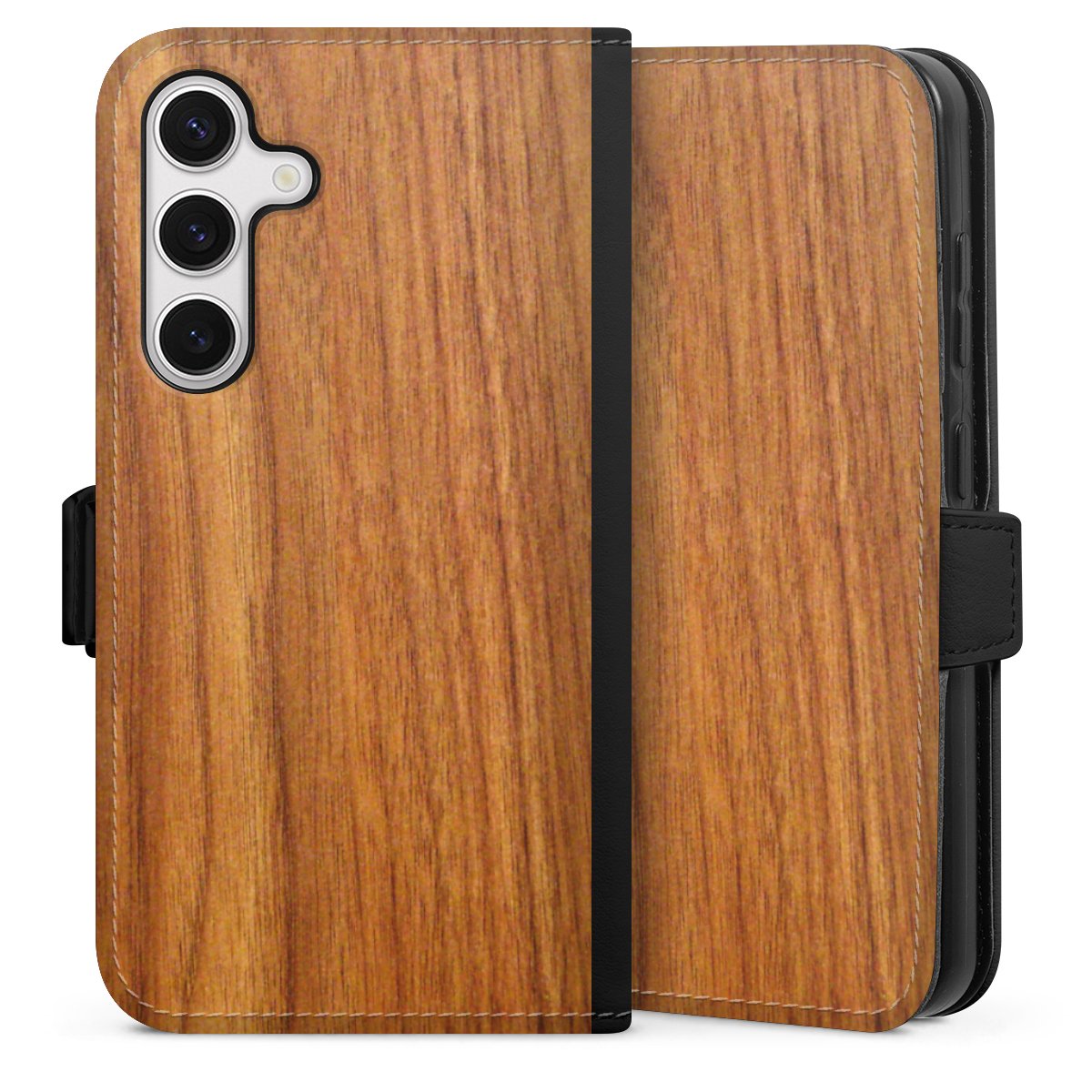 Galaxy S24 Handy Klapphülle Handyhülle aus Kunst Leder schwarz Flip Case Wood Larch Wooden Look Sideflip mit Lasche