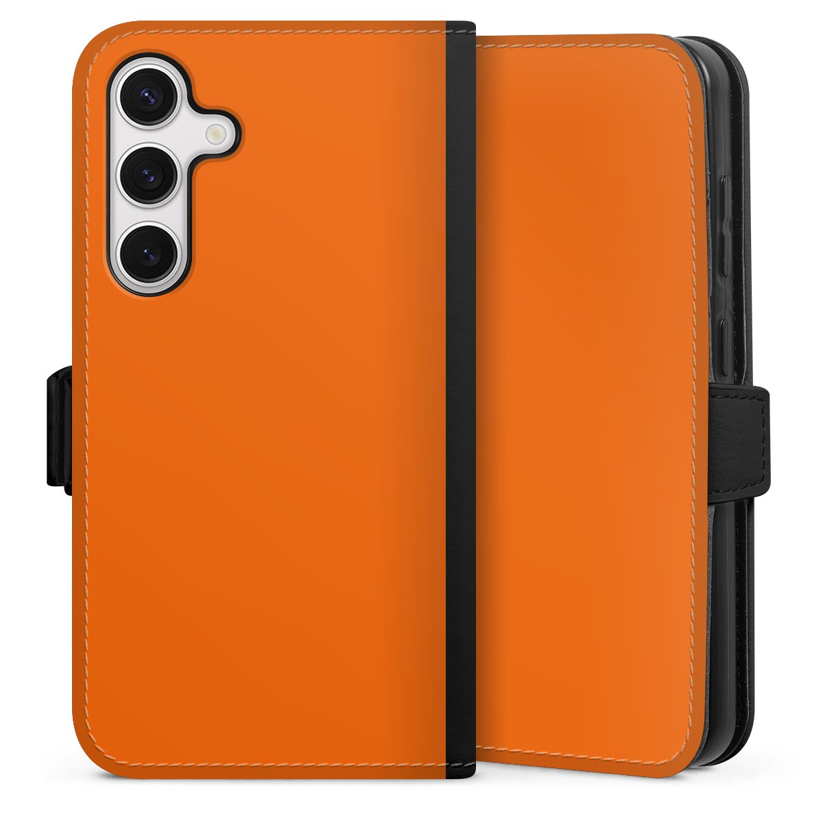 Galaxy S24 Handy Klapphülle Handyhülle aus Kunst Leder schwarz Flip Case Orange Colour Unicoloured Sideflip mit Lasche