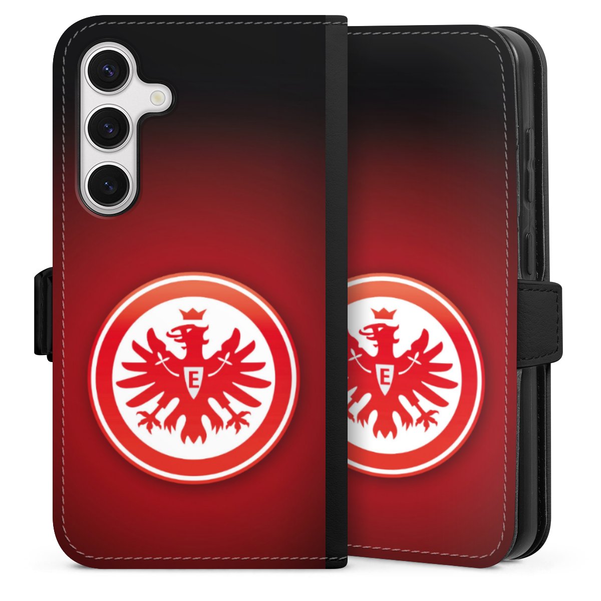 Galaxy S24 Handy Klapphülle Handyhülle aus Kunst Leder schwarz Flip Case Eintracht Frankfurt Official Licensed Product Coat Of Arms Sideflip mit Lasche