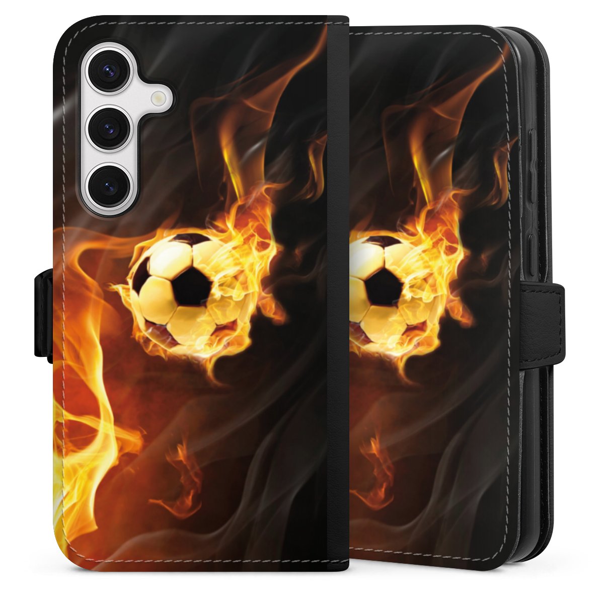 Galaxy S24 Handy Klapphülle Handyhülle aus Kunst Leder schwarz Flip Case Ball Fire Soccer Sideflip mit Lasche