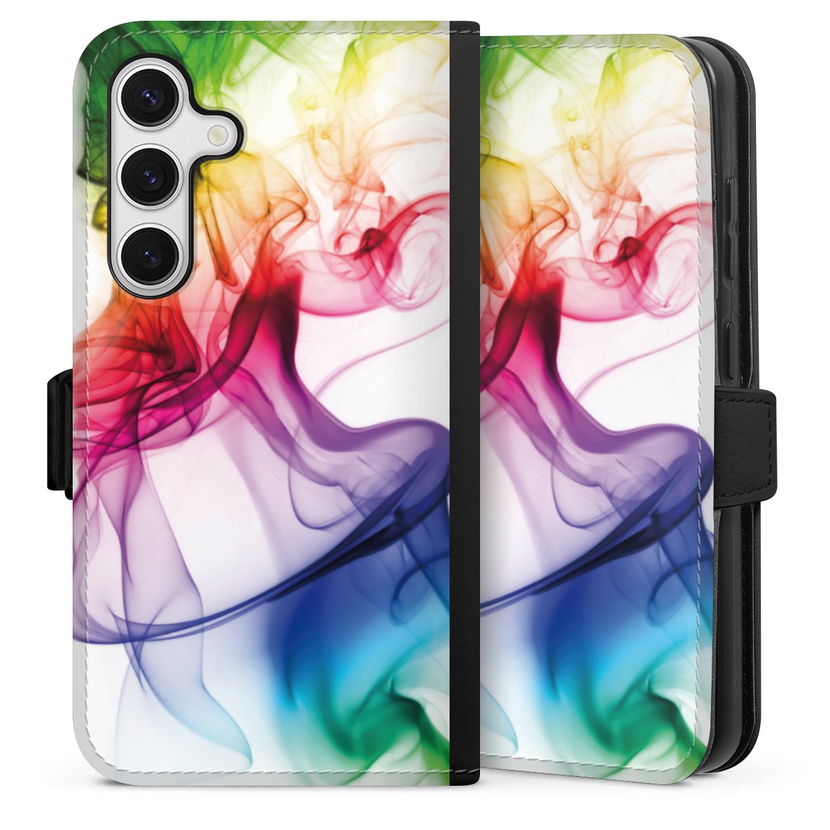 Galaxy S24 Handy Klapphülle Handyhülle aus Kunst Leder schwarz Flip Case Water Colour Rainbow Sideflip mit Lasche