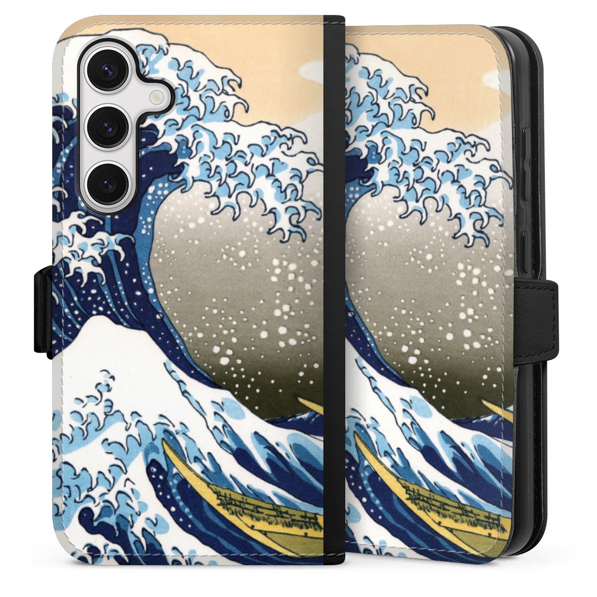 Galaxy S24 Handy Klapphülle Handyhülle aus Kunst Leder schwarz Flip Case Kunst Katsushika Hokusai Die Große Welle Vor Kanagawa Sideflip mit Lasche