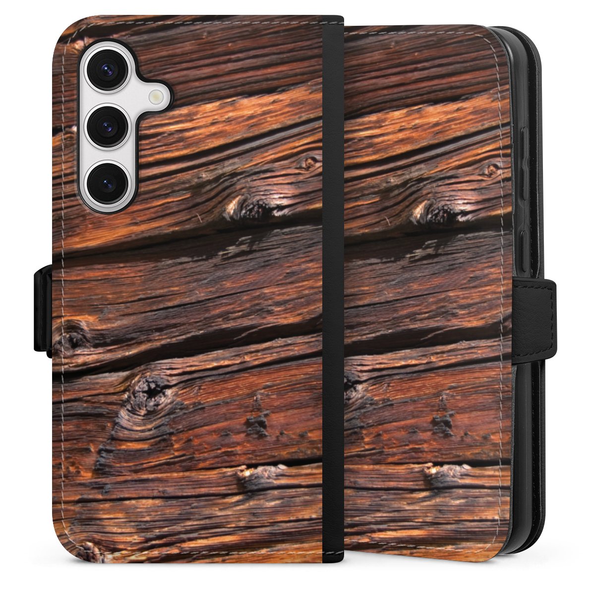 Galaxy S24 Handy Klapphülle Handyhülle aus Kunst Leder schwarz Flip Case Beams Wooden Look Wood Sideflip mit Lasche