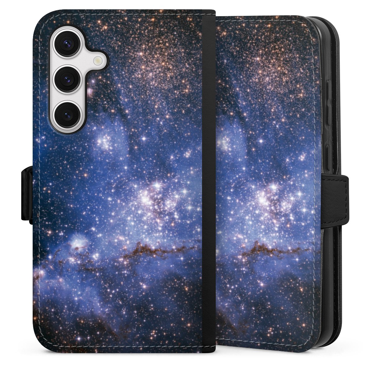 Galaxy S24 Handy Klapphülle Handyhülle aus Kunst Leder schwarz Flip Case Weltall Galaxy Weltraum Sideflip mit Lasche