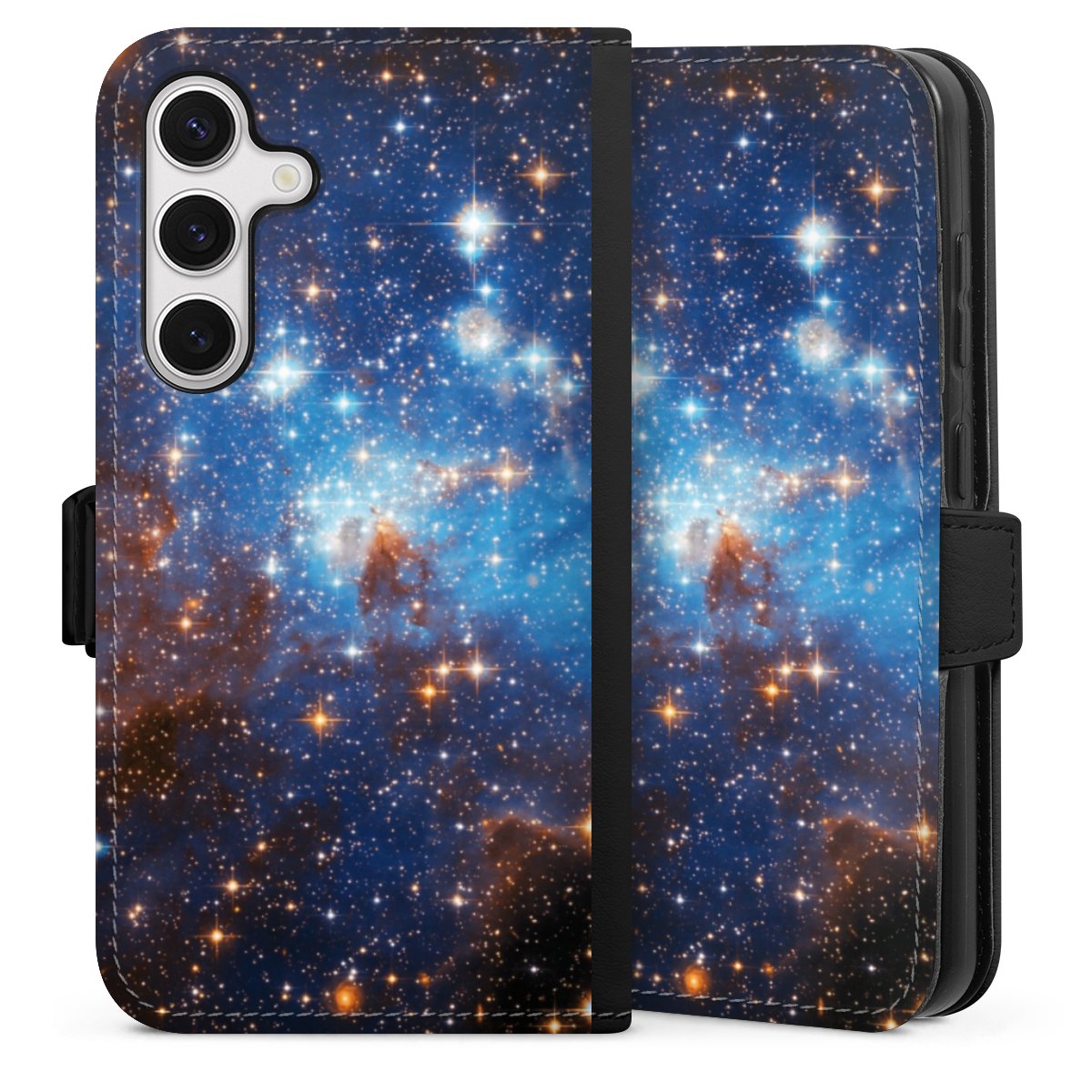 Galaxy S24 Handy Klapphülle Handyhülle aus Kunst Leder schwarz Flip Case Star Weltall Galaxy Sideflip mit Lasche