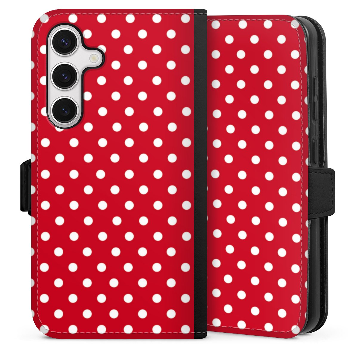 Galaxy S24 Handy Klapphülle Handyhülle aus Kunst Leder schwarz Flip Case Points Polka Dots Retro Sideflip mit Lasche