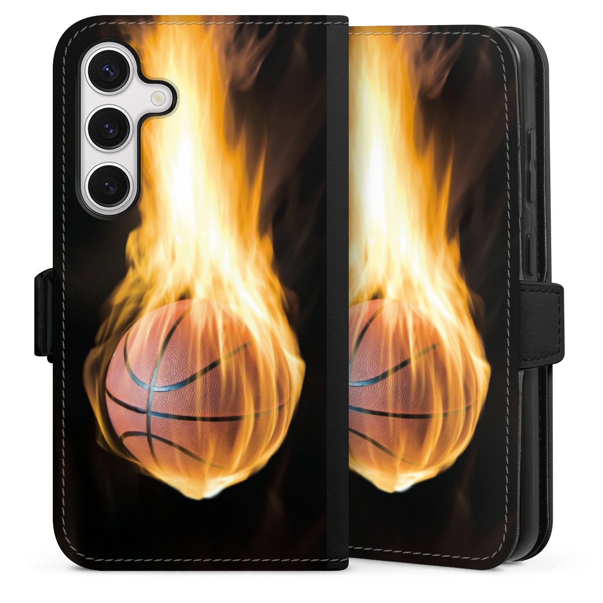 Galaxy S24 Handy Klapphülle Handyhülle aus Kunst Leder schwarz Flip Case Basketball Sports Fire Sideflip mit Lasche