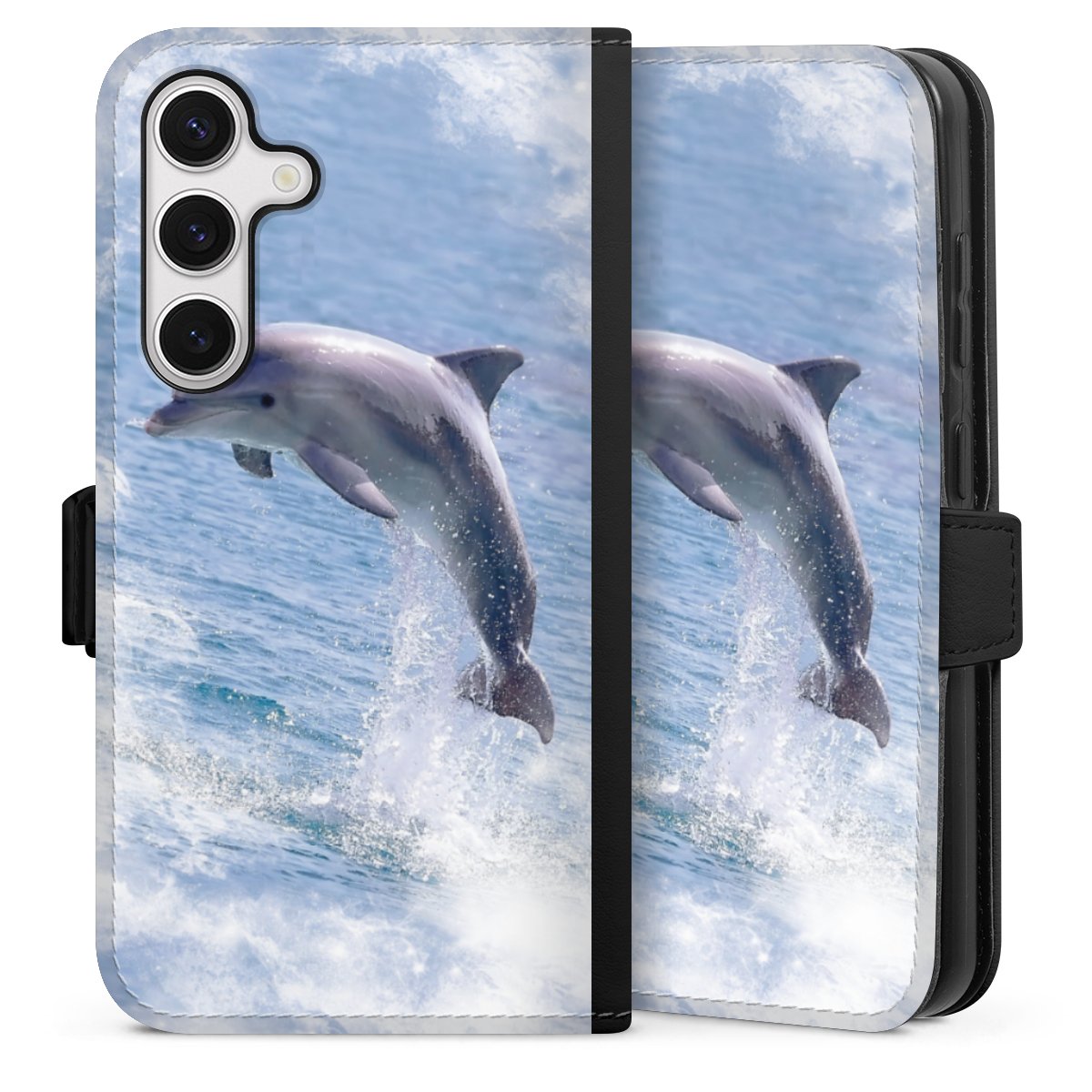 Galaxy S24 Handy Klapphülle Handyhülle aus Kunst Leder schwarz Flip Case Dolphin Ocean Wale Sideflip mit Lasche