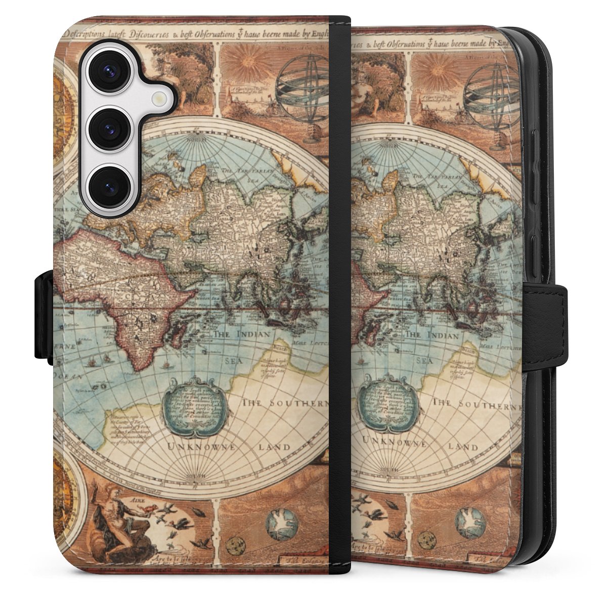 Galaxy S24 Handy Klapphülle Handyhülle aus Kunst Leder schwarz Flip Case World Map Vintage Map Sideflip mit Lasche