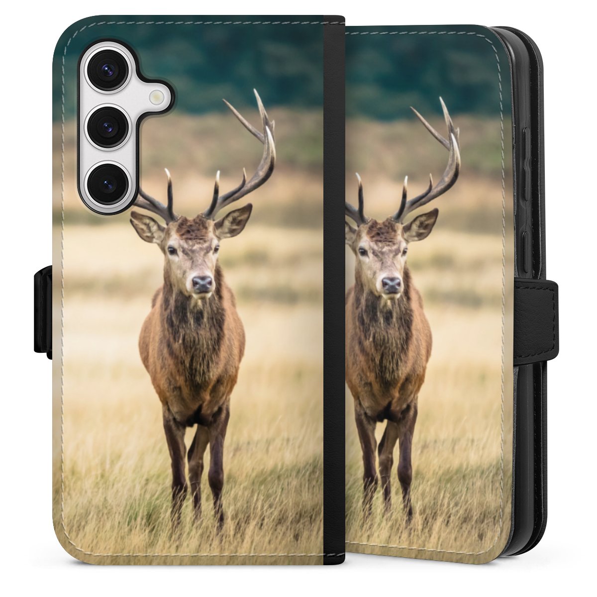 Galaxy S24 Handy Klapphülle Handyhülle aus Kunst Leder schwarz Flip Case Deer Meadow Forrest Sideflip mit Lasche