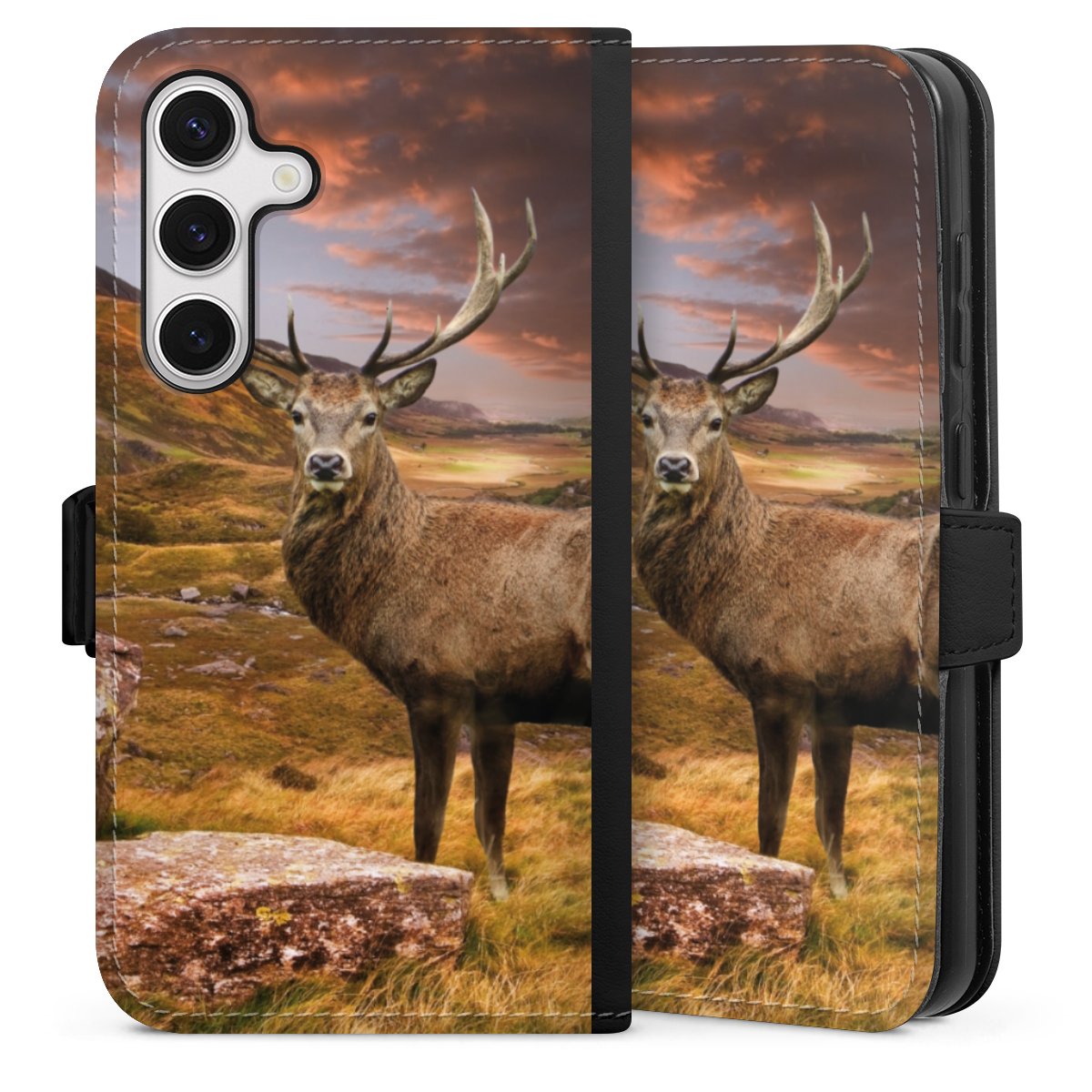 Galaxy S24 Handy Klapphülle Handyhülle aus Kunst Leder schwarz Flip Case Meadow Mountain Deer Sideflip mit Lasche