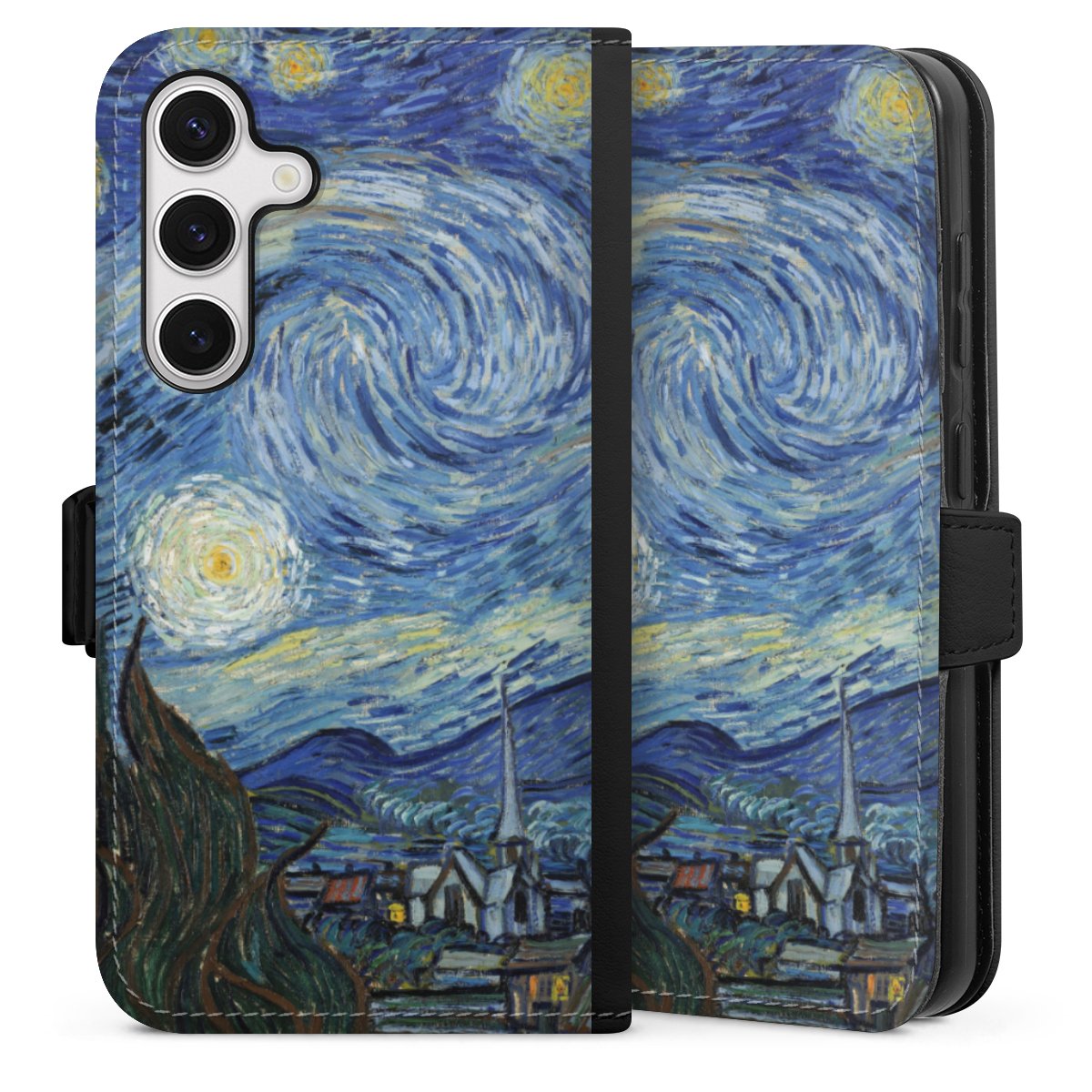 Galaxy S24 Handy Klapphülle Handyhülle aus Kunst Leder schwarz Flip Case The Starry Night Kunst Vincent Van Gogh Sideflip mit Lasche