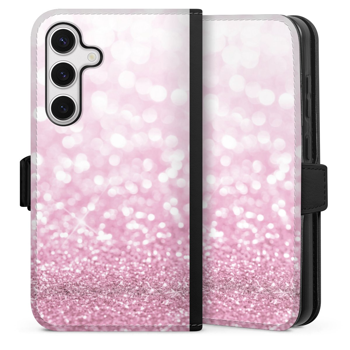 Galaxy S24 Handy Klapphülle Handyhülle aus Kunst Leder schwarz Flip Case Glitzer Pink Shine Sideflip mit Lasche