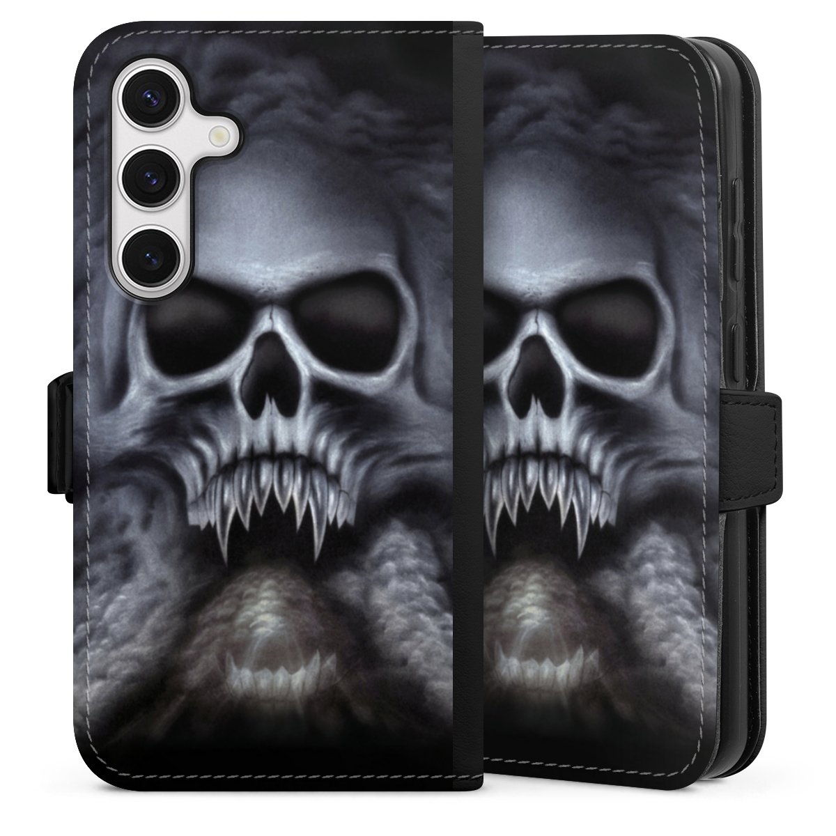 Galaxy S24 Handy Klapphülle Handyhülle aus Kunst Leder schwarz Flip Case Totenkopf Skull Sideflip mit Lasche