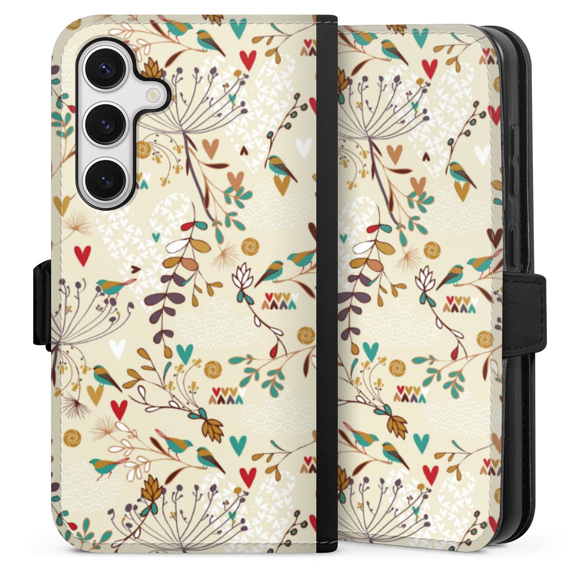 Galaxy S24 Handy Klapphülle Handyhülle aus Kunst Leder schwarz Flip Case Bird Flowers Retro Sideflip mit Lasche