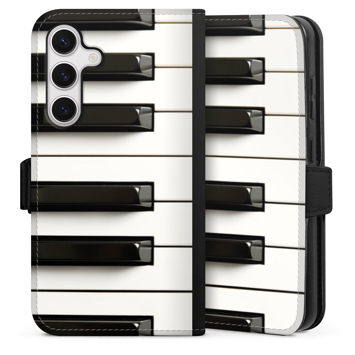 Galaxy S24 Handy Klapphülle Handyhülle aus Kunst Leder schwarz Flip Case Klavier Piano Music Sideflip mit Lasche