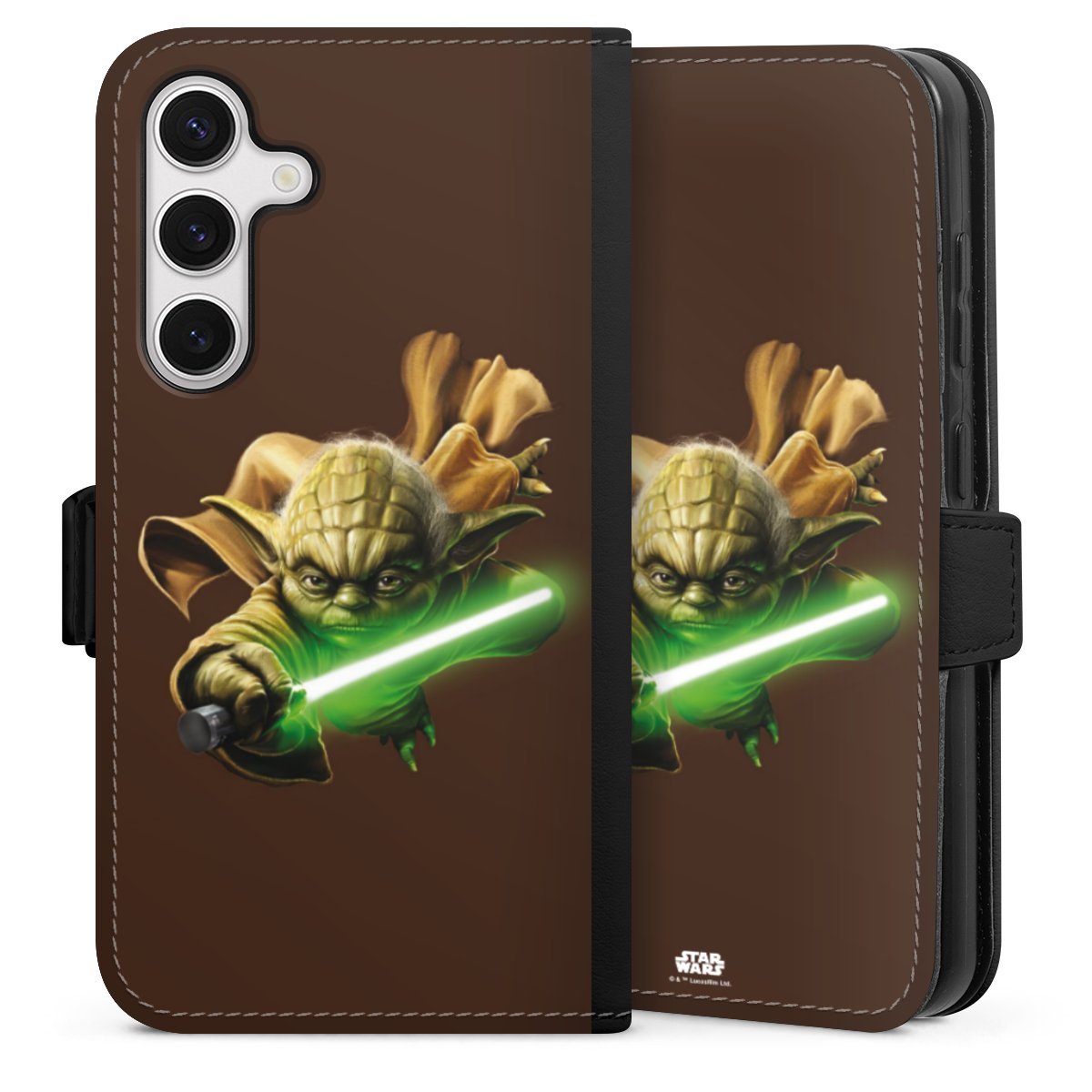 Galaxy S24 Handy Klapphülle Handyhülle aus Kunst Leder schwarz Flip Case Yoda Merchandise Star Wars Sideflip mit Lasche