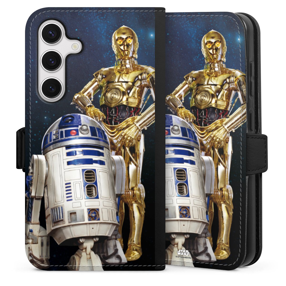 Galaxy S24 Handy Klapphülle Handyhülle aus Kunst Leder schwarz Flip Case Weltall Star Wars R2d2 Sideflip mit Lasche