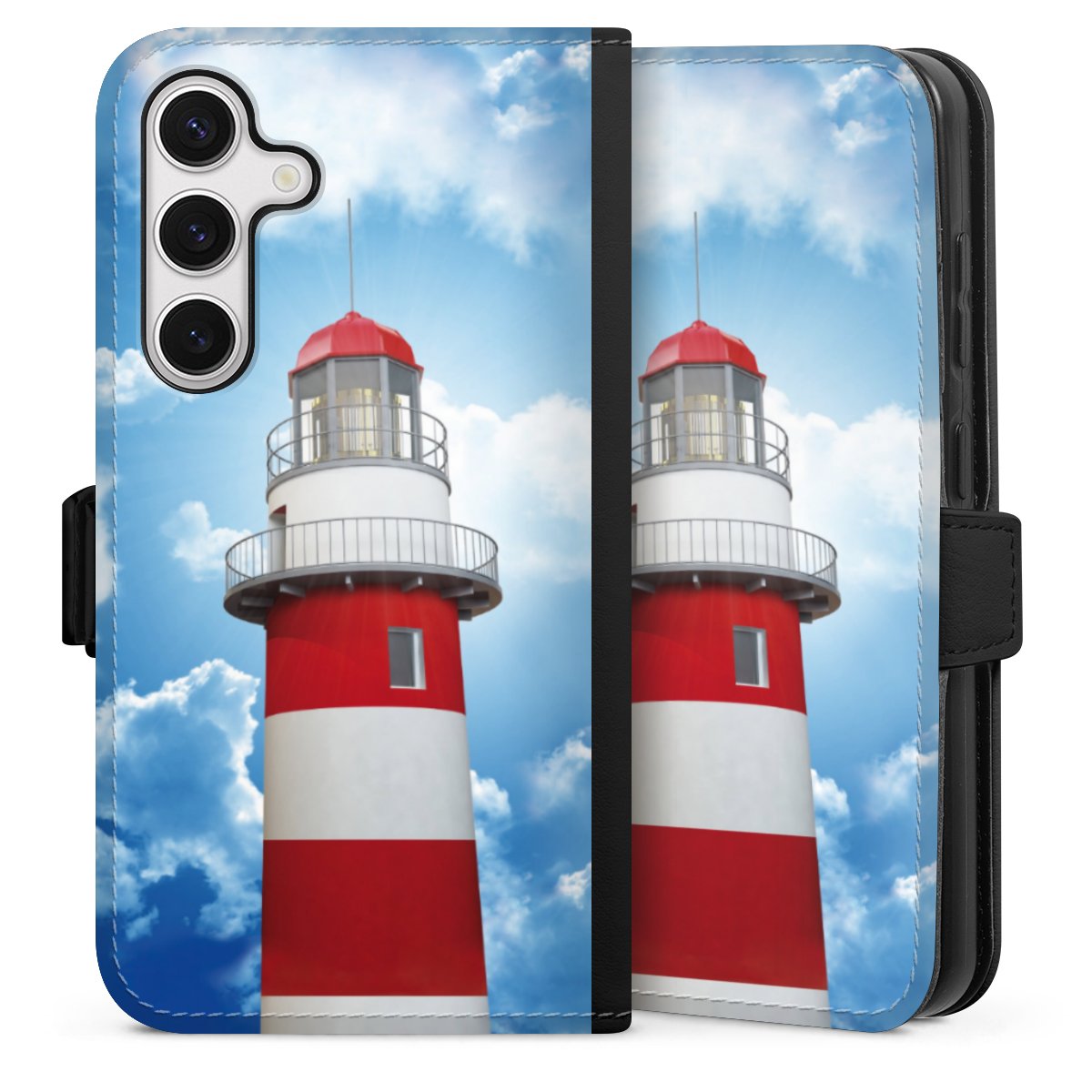 Galaxy S24 Handy Klapphülle Handyhülle aus Kunst Leder schwarz Flip Case Lighthouse Sky Cloud Sideflip mit Lasche