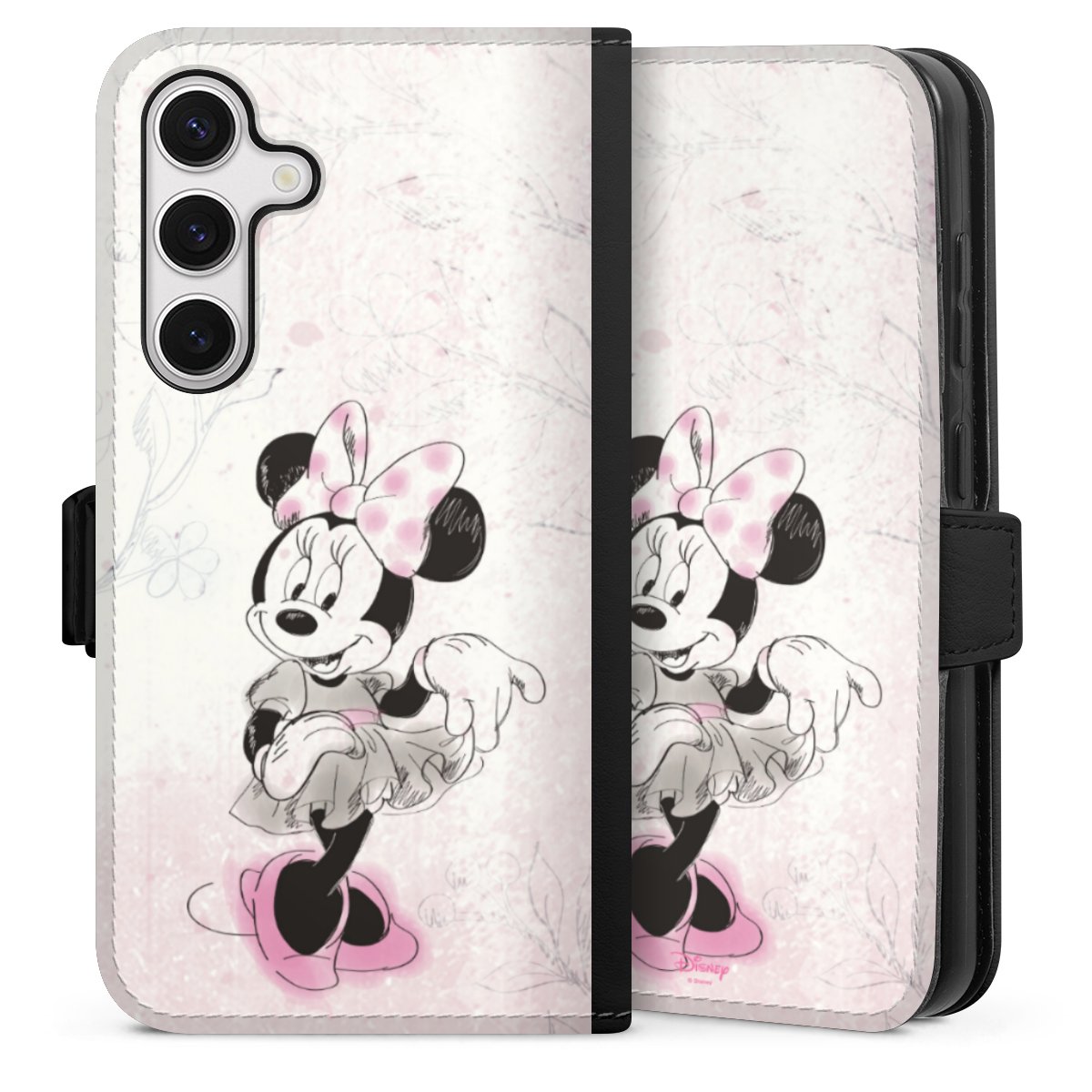 Galaxy S24 Handy Klapphülle Handyhülle aus Kunst Leder schwarz Flip Case Disney Minnie Mouse Vintage Sideflip mit Lasche