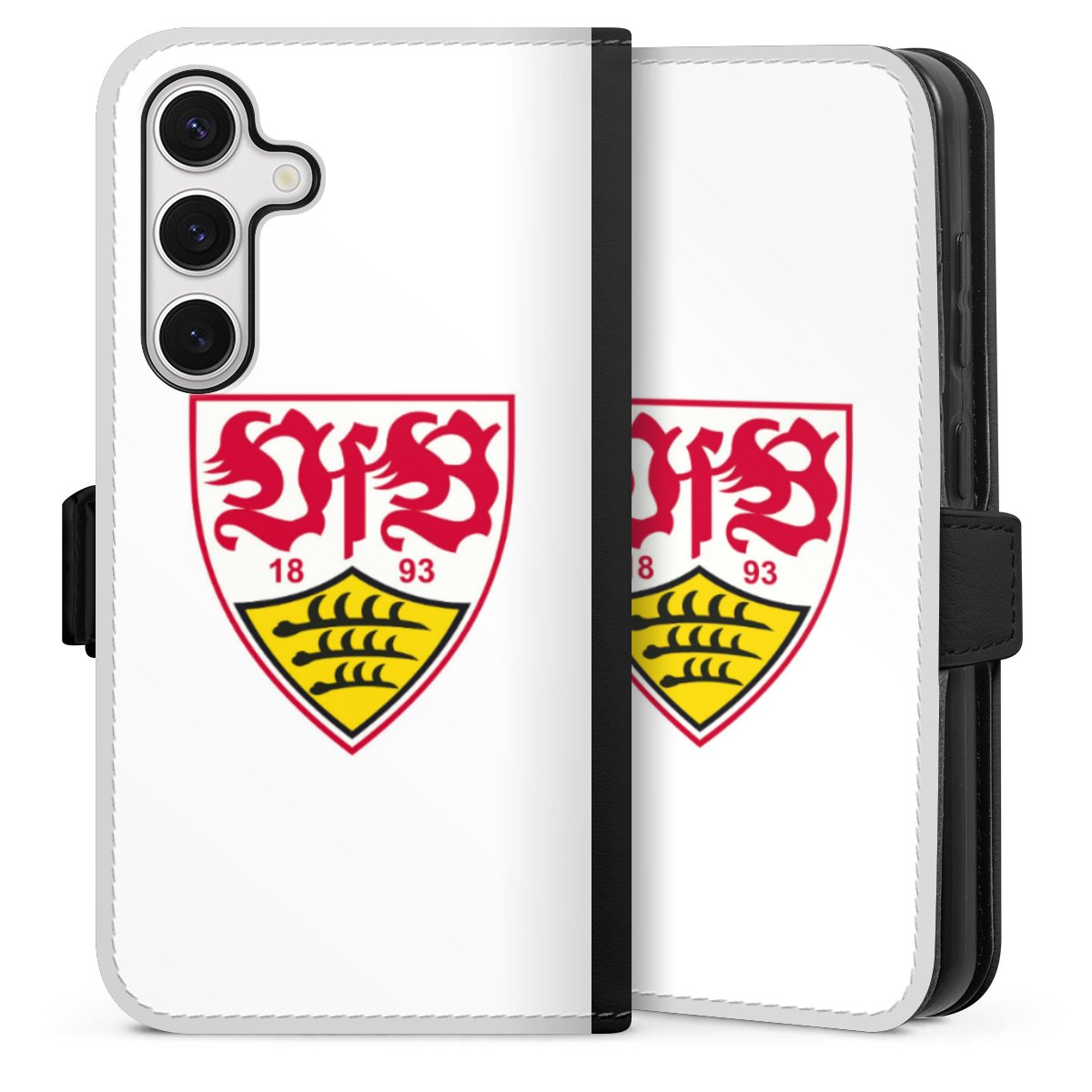 Galaxy S24 Handy Klapphülle Handyhülle aus Kunst Leder schwarz Flip Case Logo Official Licensed Product Vfb Stuttgart Sideflip mit Lasche