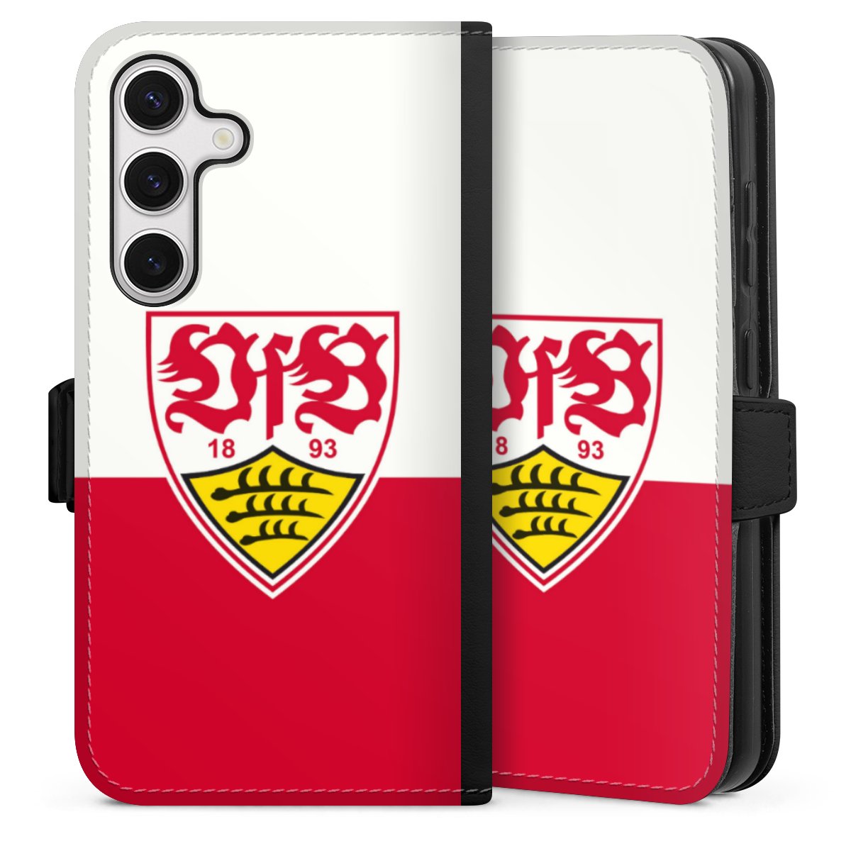 Galaxy S24 Handy Klapphülle Handyhülle aus Kunst Leder schwarz Flip Case Official Licensed Product Logo Vfb Stuttgart Sideflip mit Lasche