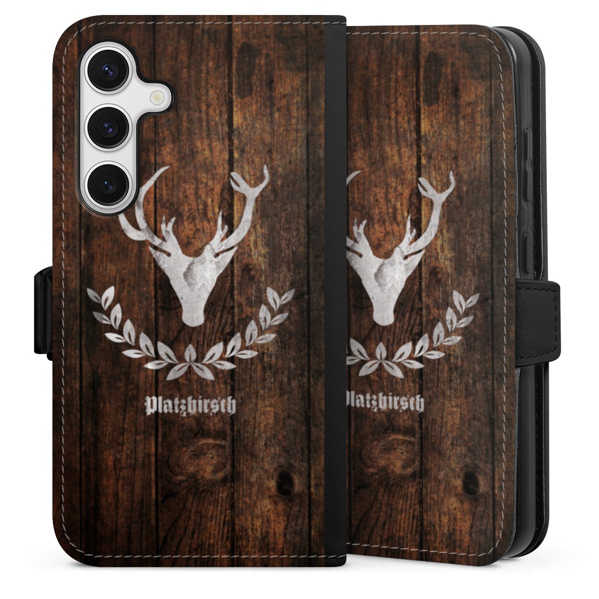 Galaxy S24 Handy Klapphülle Handyhülle aus Kunst Leder schwarz Flip Case Deer Wood Wooden Look Sideflip mit Lasche