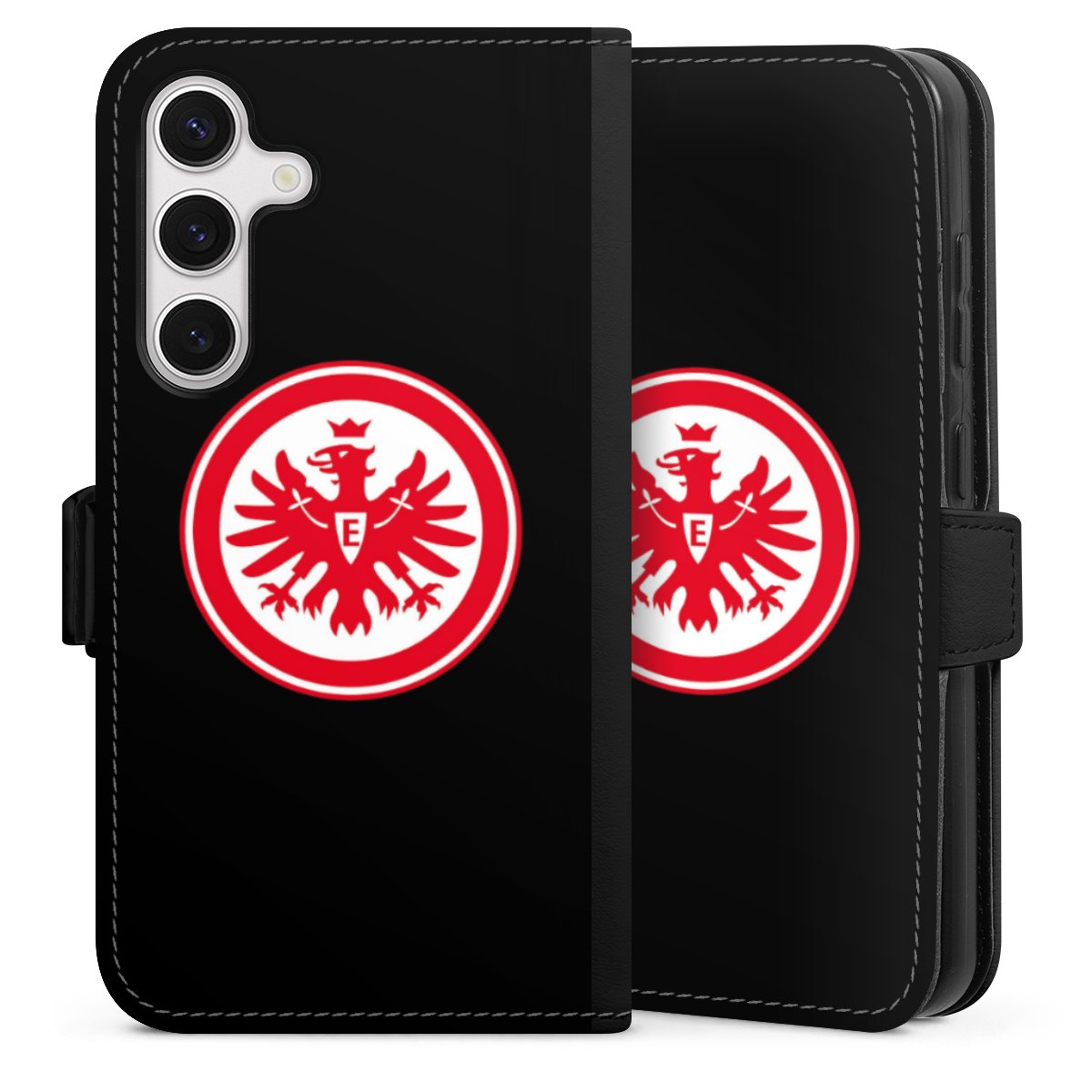 Galaxy S24 Handy Klapphülle Handyhülle aus Kunst Leder schwarz Flip Case Eintracht Frankfurt Sge Eagle Sideflip mit Lasche