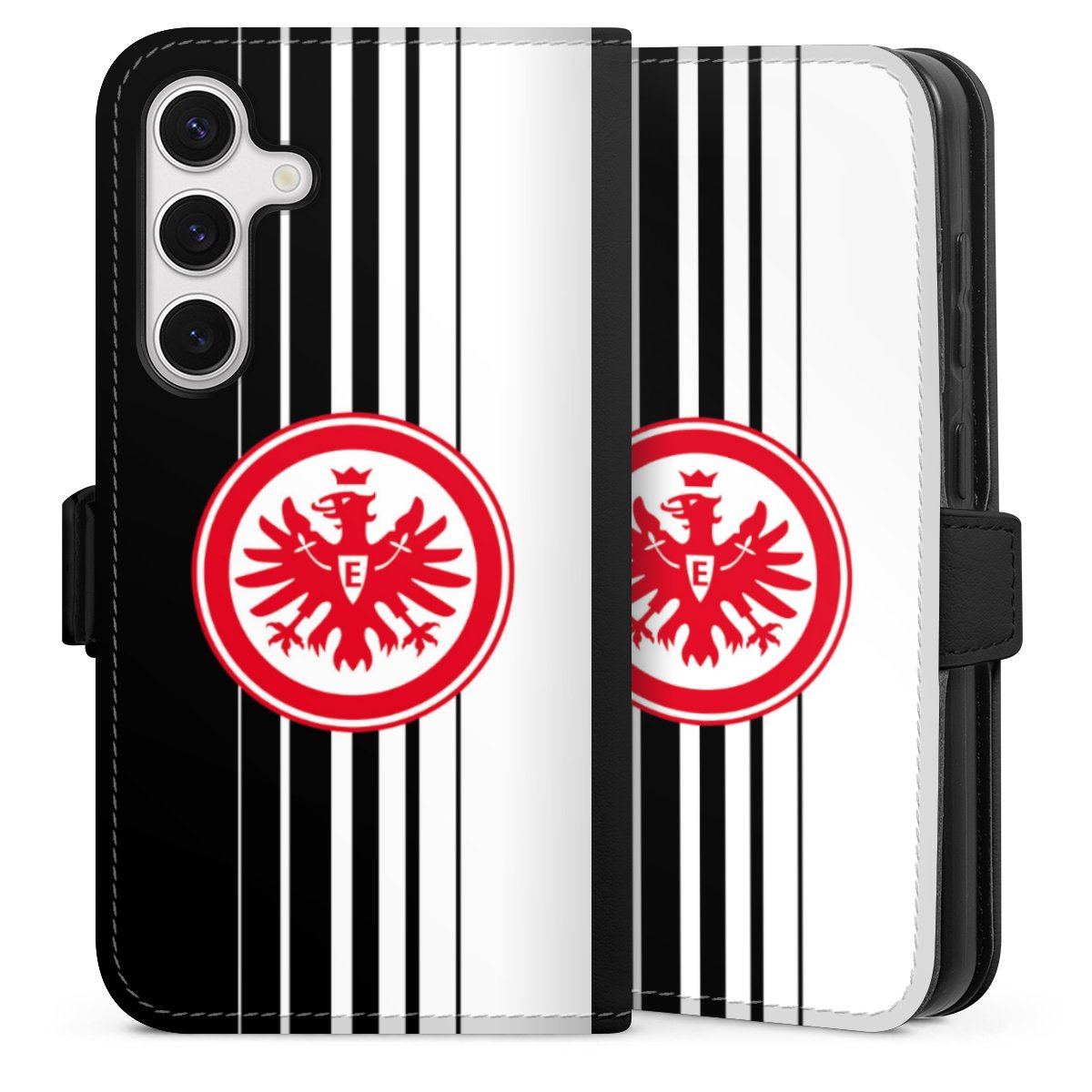 Galaxy S24 Handy Klapphülle Handyhülle aus Kunst Leder schwarz Flip Case Stripes Eintracht Frankfurt Official Licensed Product Sideflip mit Lasche