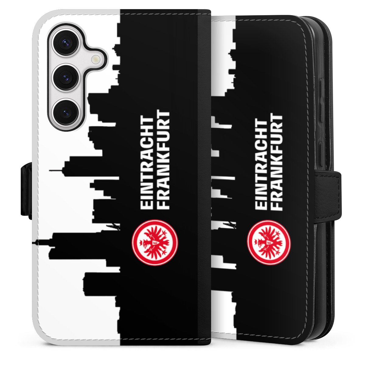 Galaxy S24 Handy Klapphülle Handyhülle aus Kunst Leder schwarz Flip Case Sge Eintracht Frankfurt Official Licensed Product Sideflip mit Lasche