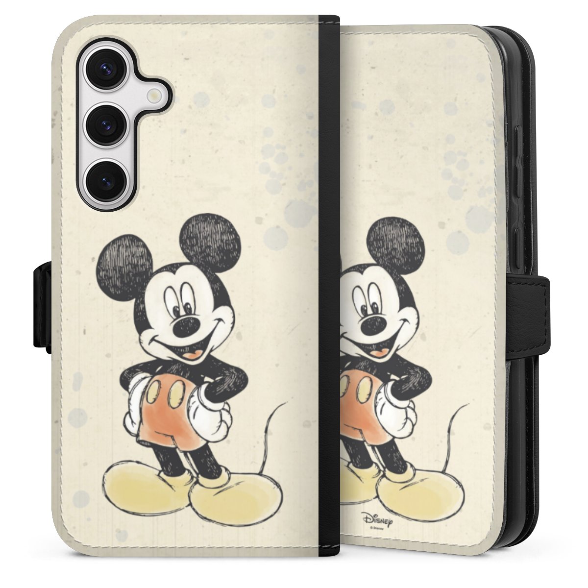 Galaxy S24 Handy Klapphülle Handyhülle aus Kunst Leder schwarz Flip Case Water Colour Mickey & Minnie Mouse Official Licensed Product Sideflip mit Lasche