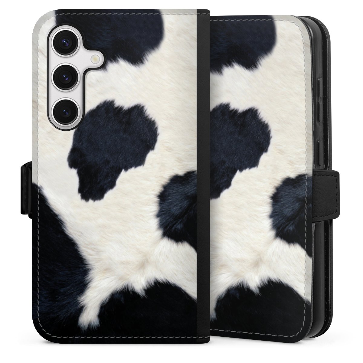 Galaxy S24 Handy Klapphülle Handyhülle aus Kunst Leder schwarz Flip Case Animal Look Animal Print Cow Skin Sideflip mit Lasche