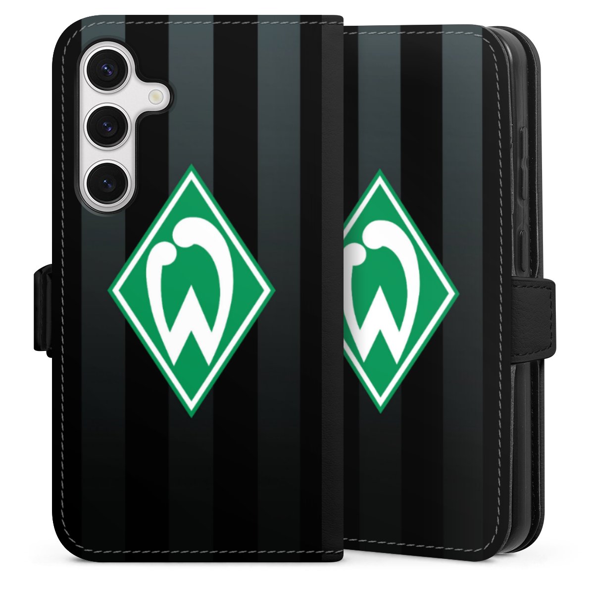 Galaxy S24 Handy Klapphülle Handyhülle aus Kunst Leder schwarz Flip Case Stripes Sv Werder Bremen Official Licensed Product Sideflip mit Lasche