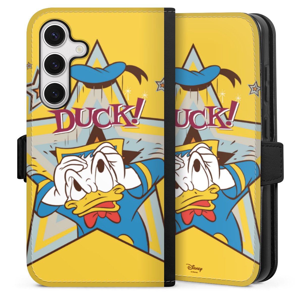 Galaxy S24 Handy Klapphülle Handyhülle aus Kunst Leder schwarz Flip Case Official Licensed Product Donald Duck Disney Sideflip mit Lasche