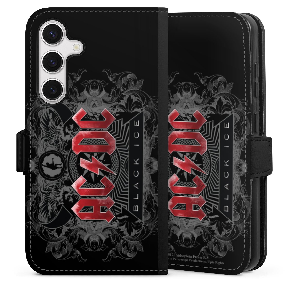 Galaxy S24 Handy Klapphülle Handyhülle aus Kunst Leder schwarz Flip Case Merchandise Black Ice Acdc Sideflip mit Lasche