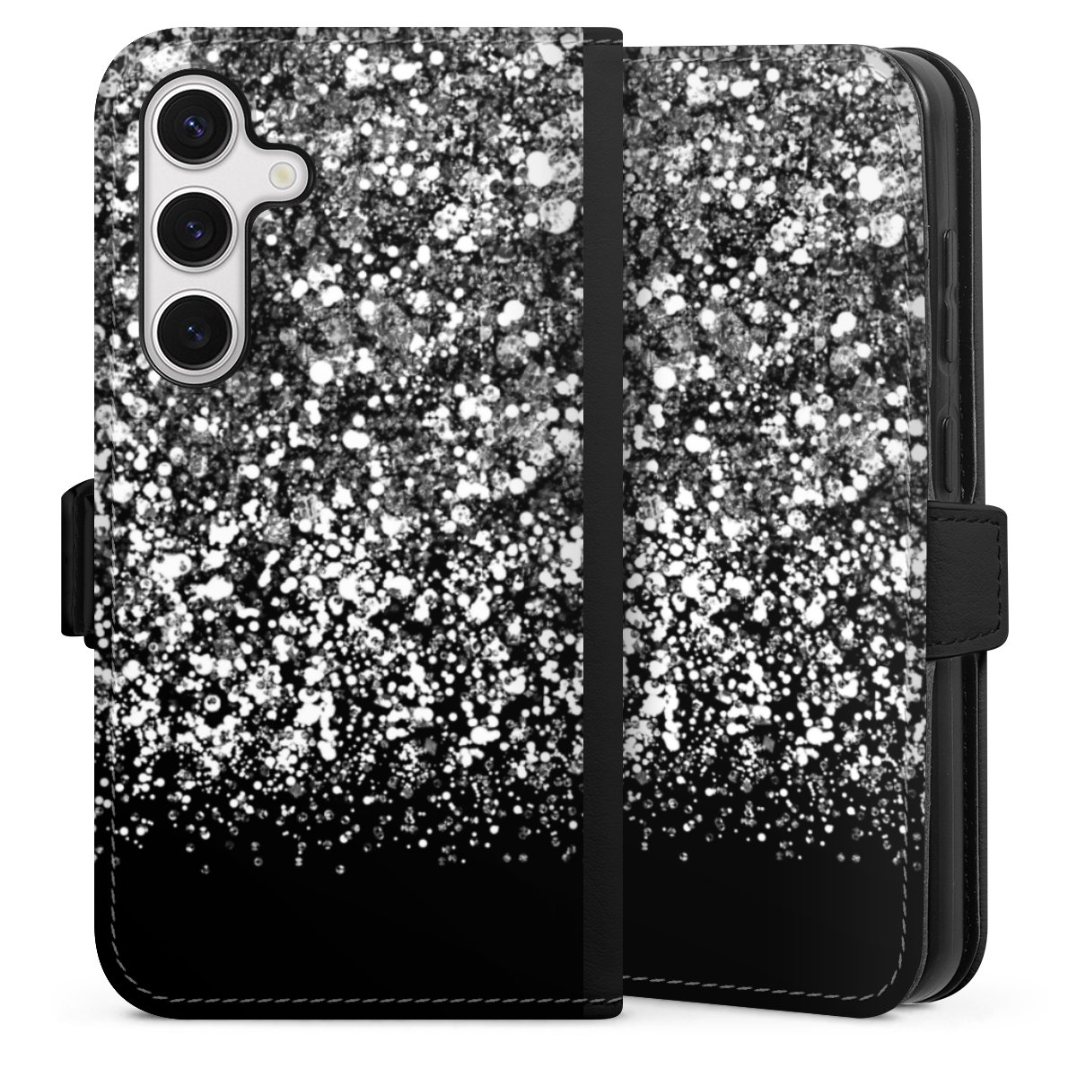 Galaxy S24 Handy Klapphülle Handyhülle aus Kunst Leder schwarz Flip Case Glitzer Snowflake Muster Sideflip mit Lasche