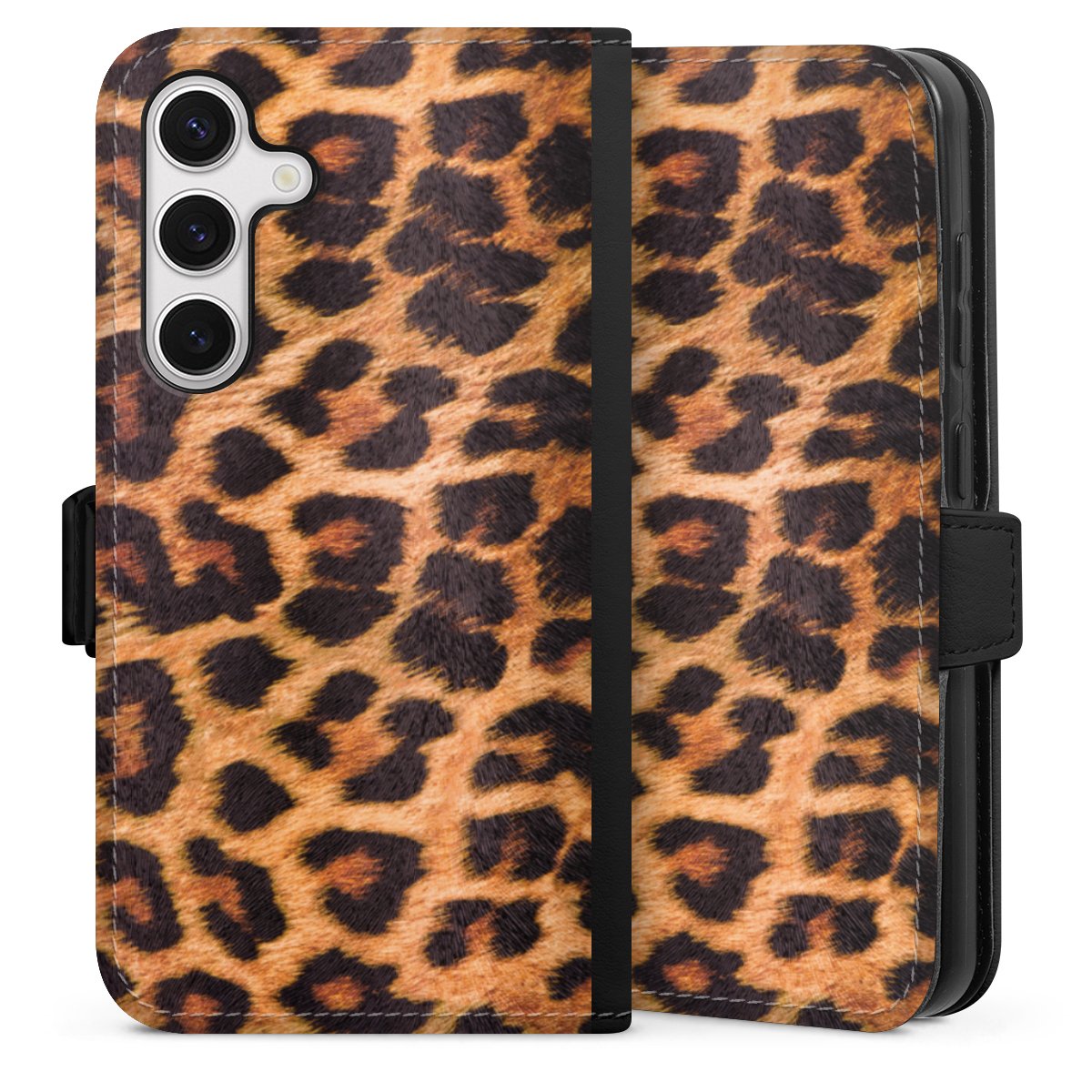 Galaxy S24 Handy Klapphülle Handyhülle aus Kunst Leder schwarz Flip Case Animal Print Leopard Fur Sideflip mit Lasche